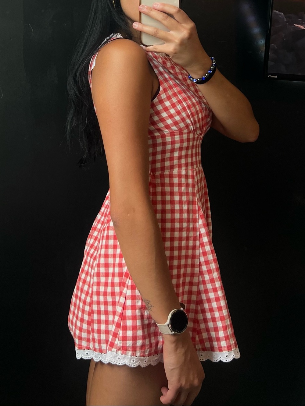 Red & White Mini Gingham Lace-Trim Fit-and-Flare Romper - Picture 3 of 3